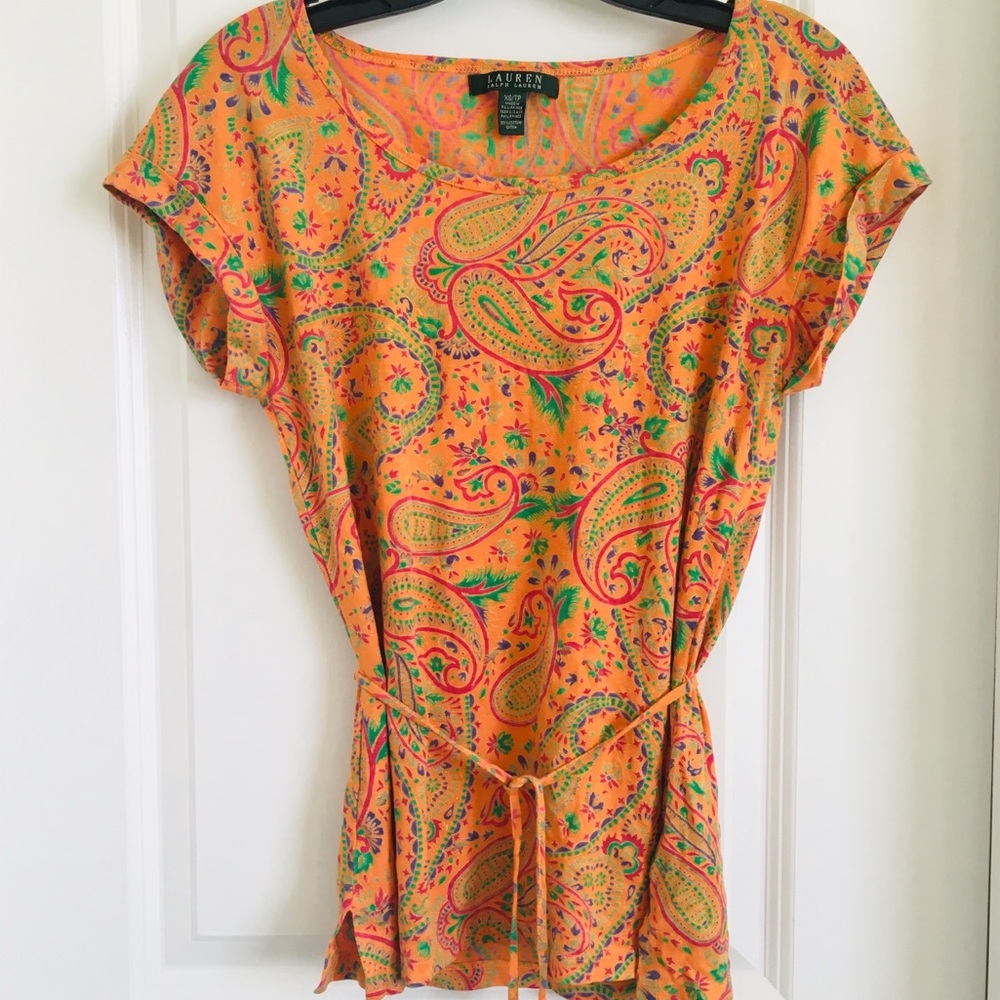 LAUREN RALPH LAUREN paisley cap sleeve top with belt size XS extra small